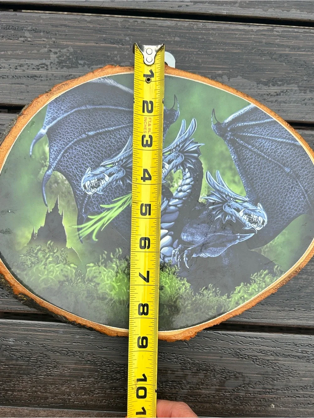 Vintage Green Dragon Wall Art on Natural Wood Slice - Fantasy Home Decor